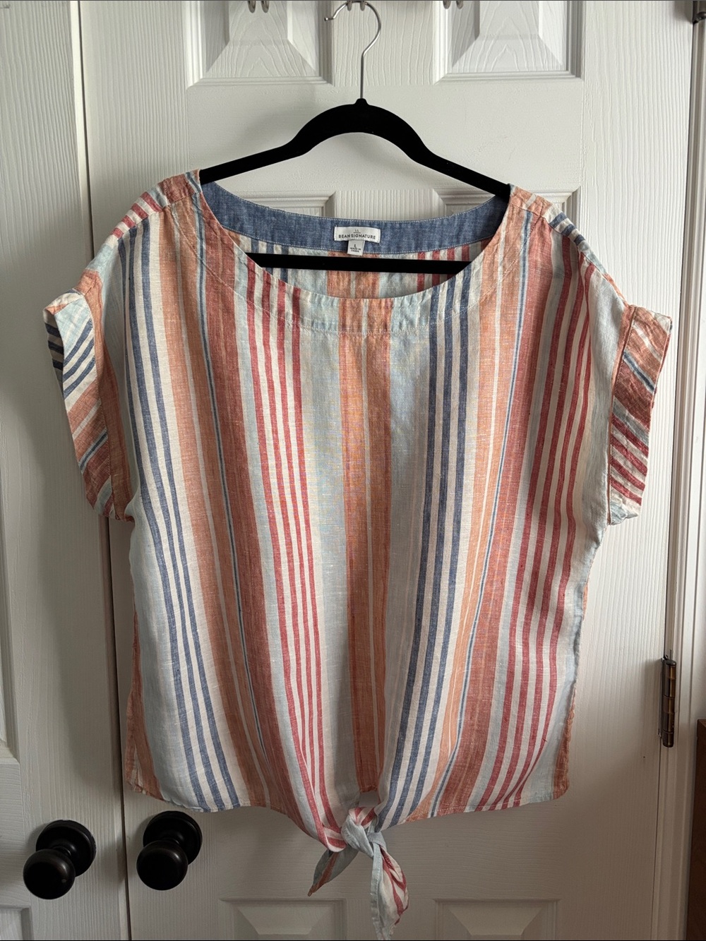 L.L. Bean Signature Striped Linen Tie-Front Blouse - L